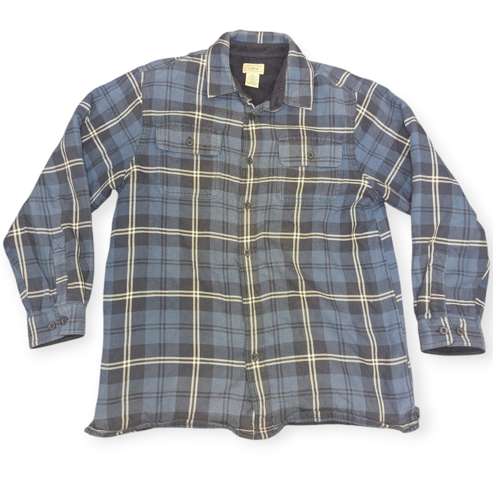 L.L. Bean Blue Black and Cream Plaid Button-Down Shirt